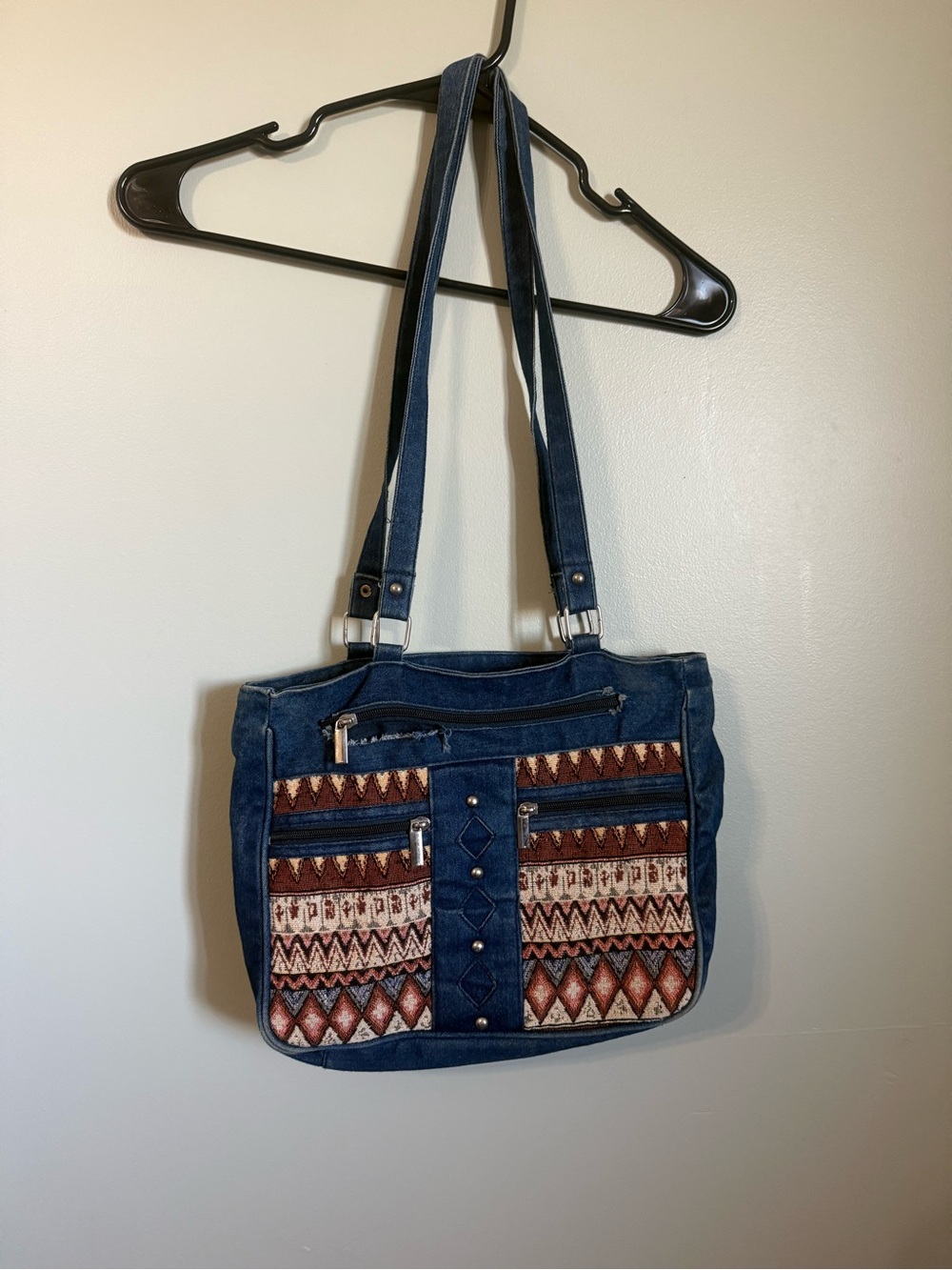 Canyon Sky Southwestern Denim Tote Bag Woven Geometric Aztec Panel Purse